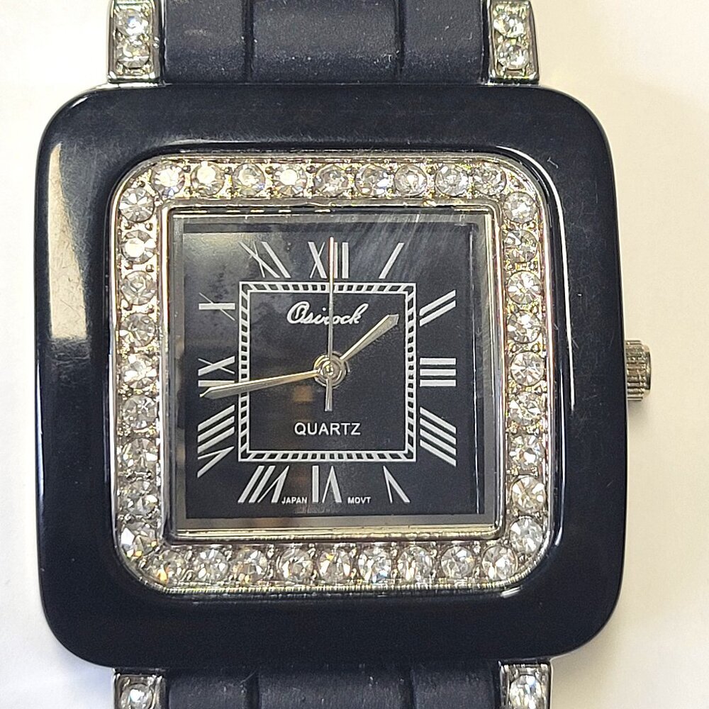OSIROCK Black Quartz Wrist Watch Rhinestone Square Adjustable Silicone Band - Picture 2 of 15